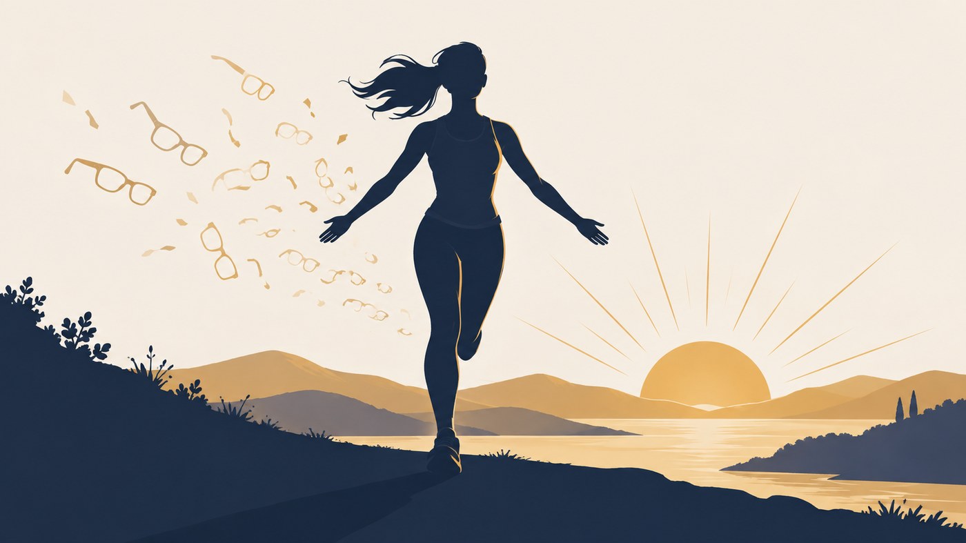 Ilustração conceitual: silhueta de mulher correndo ao amanhecer com armações de óculos ao vento — representação da liberdade da dependência dos óculos